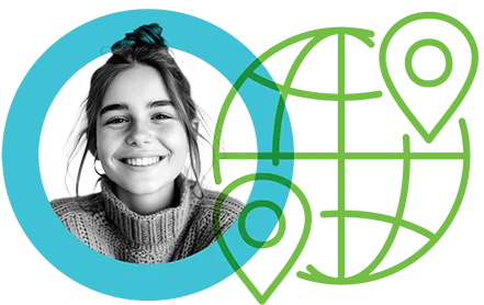 Student smiling with Globe illustration and location icons
